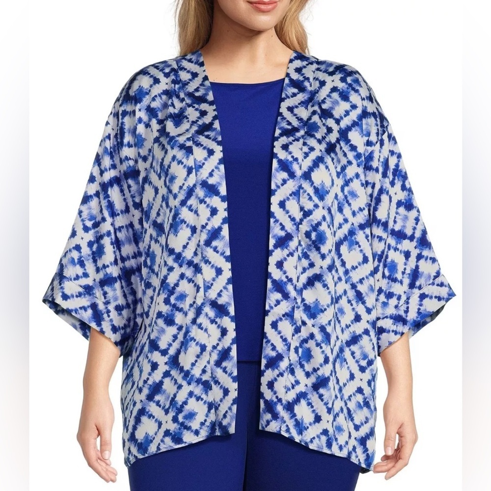 NEW Plus Slim Factor Investments Royal Tie Dye Open 3/4 Sleev Kimono $90